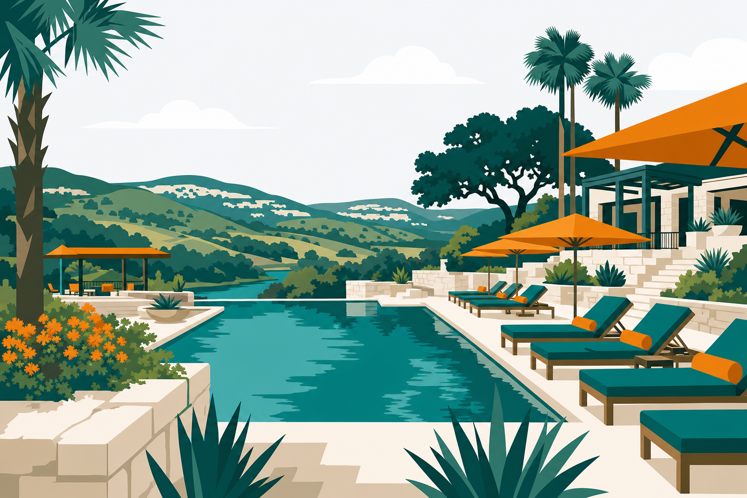 Illustrated Hill Country resort pool with limestone terraces, palm trees, and umbrellas representing an Austin resort day pass