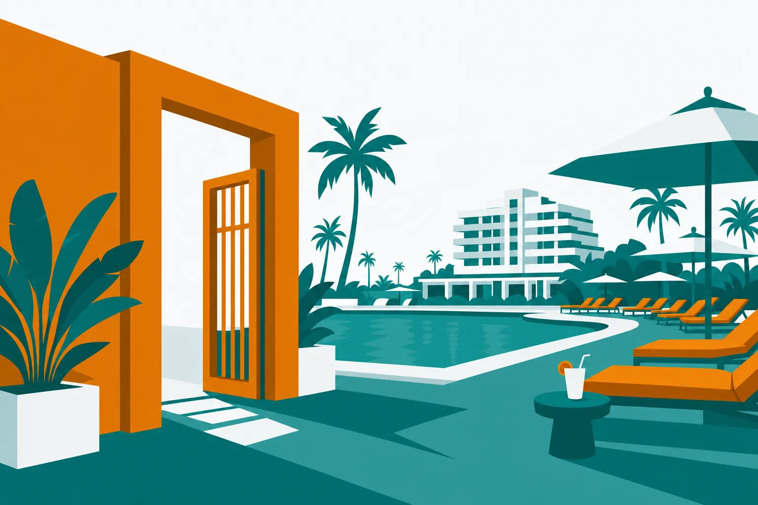 Flat illustration of an open gateway leading onto a resort pool deck with loungers and palms, representing hotel day pass access