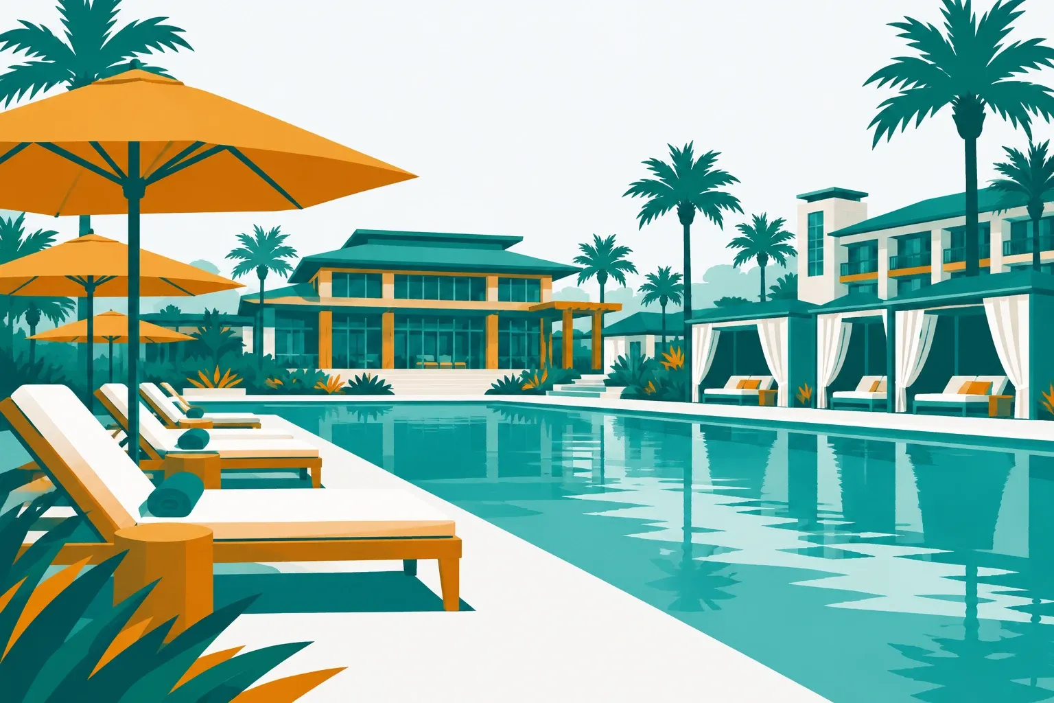 Flat illustration of a Texas Hill Country resort waterpark with a lazy river, waterslide, and teal pools surrounded by pine trees