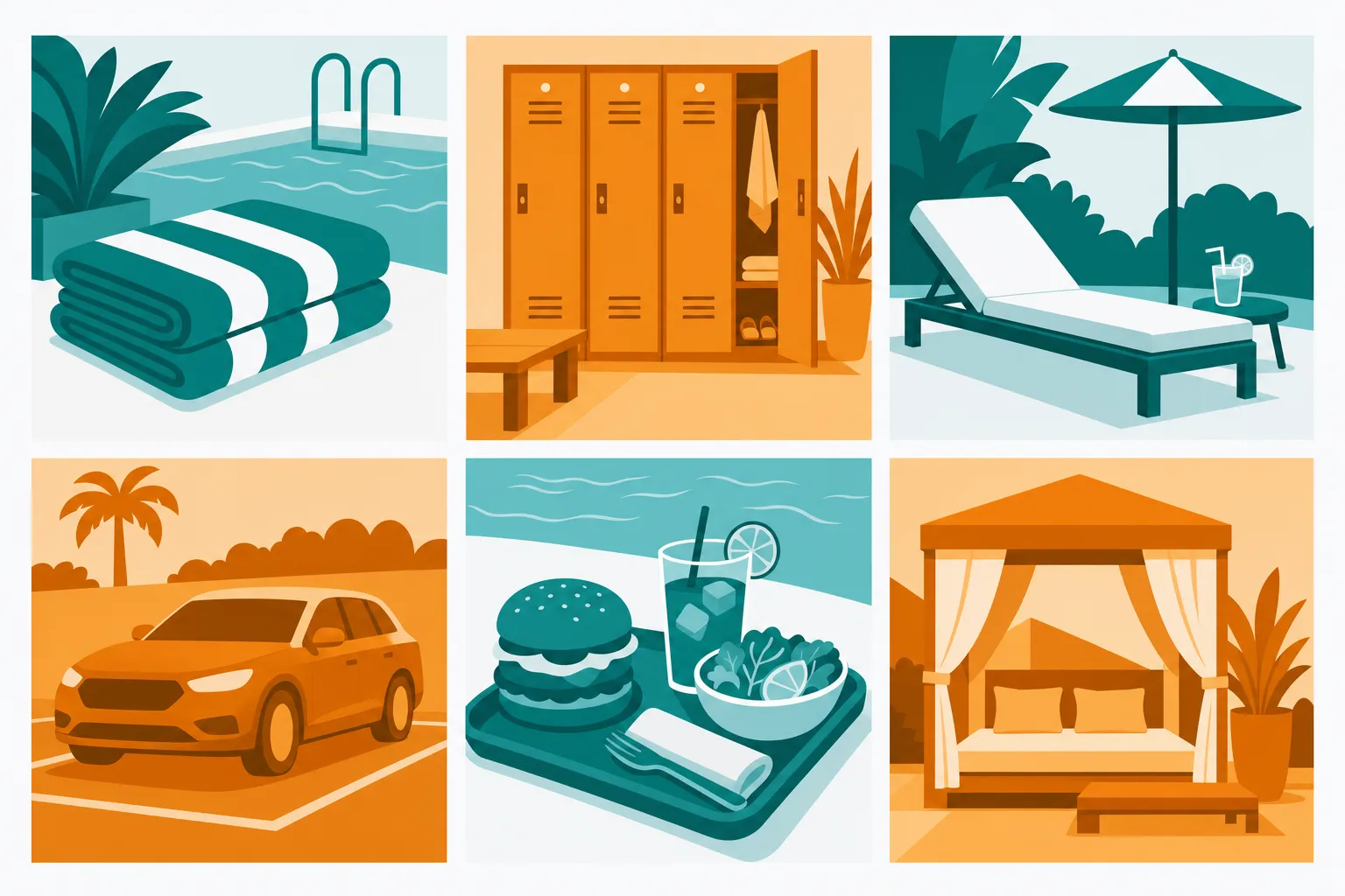 Flat illustration grid of six poolside amenities: towels, lockers, a lounger, parking, a food tray, and a cabana