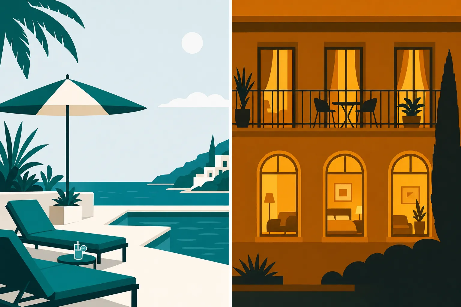 Flat illustration split between a sunlit resort pool deck and a lit hotel facade at night, comparing a day pass with an overnight stay